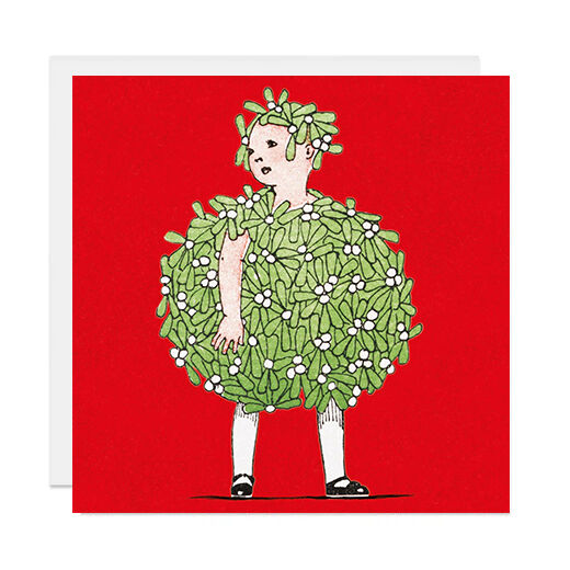 Christmas cards design of a young girl cocooned in mistletoe